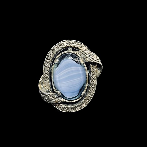 Vintage Silver Tone And Blue Swirl Glass Stone Brooch (4942) - Picture 1 of 6